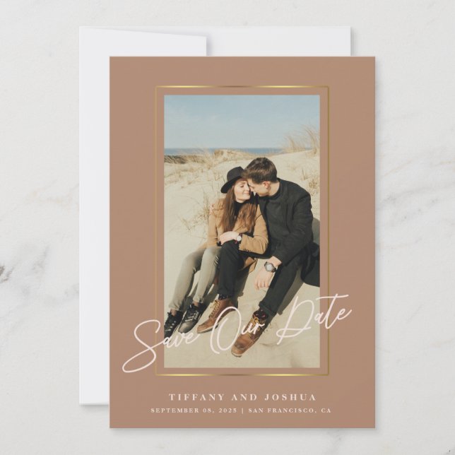 Save The Date Cadre élégant en or photo rose poussiéreux Mariage (Devant)