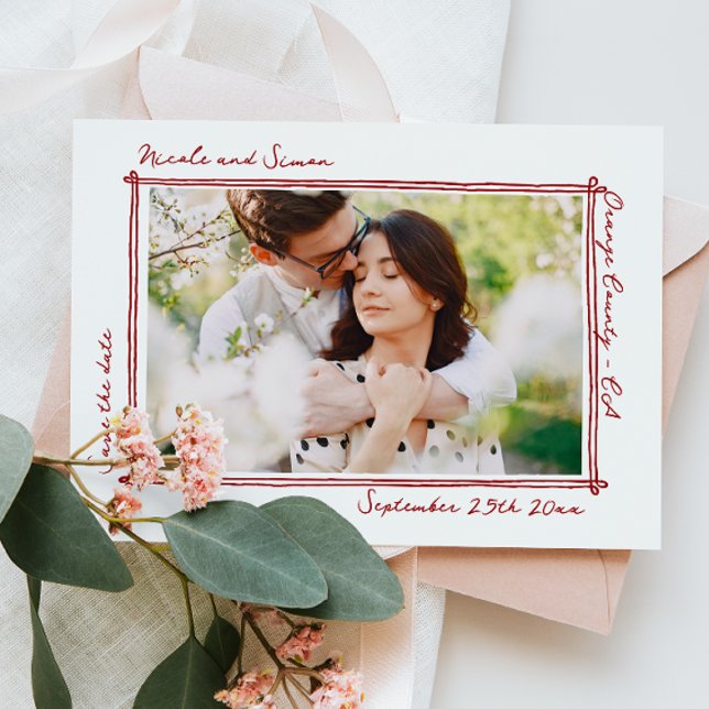 Save The Date Cadre esquissé Mariage photo à main blanche (Créateur téléchargé)
