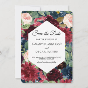 Save The Date Cadre floral à l'aquarelle  Bourgogne, bleu marine