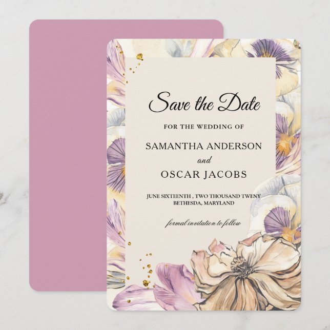 Save The Date Cadre floral aquarelle élégant violet et pensée (Devant / Derrière)