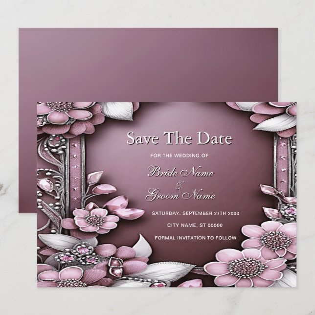 Save The Date Cadre Floral Rose Enregistrer La Date (Devant / Derrière)