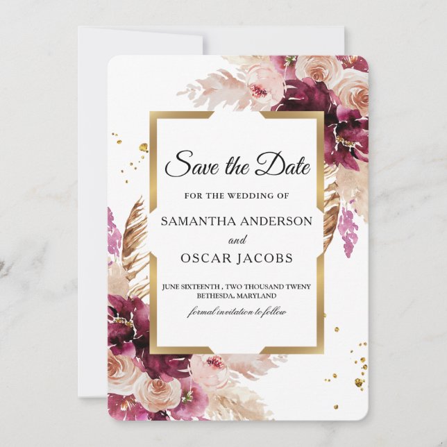 Save The Date Cadre Floral Rose Poudré Bourgogne Moderne & Doré (Devant)