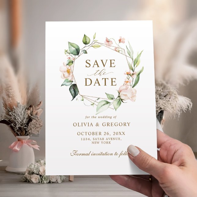 Save The Date Cadre géométrique doré floral rose pastel (Créateur téléchargé)
