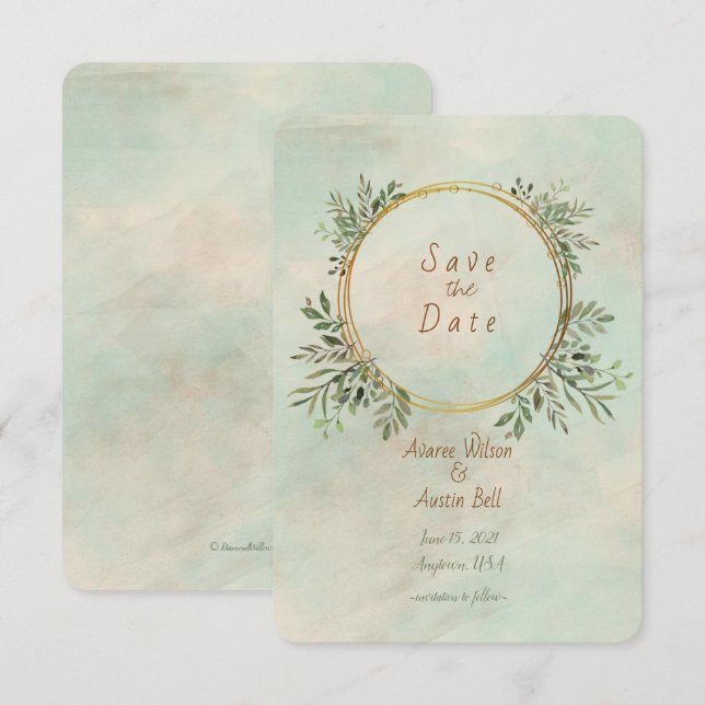 Save The Date Cadre géométrique vert et or (Devant / Derrière)