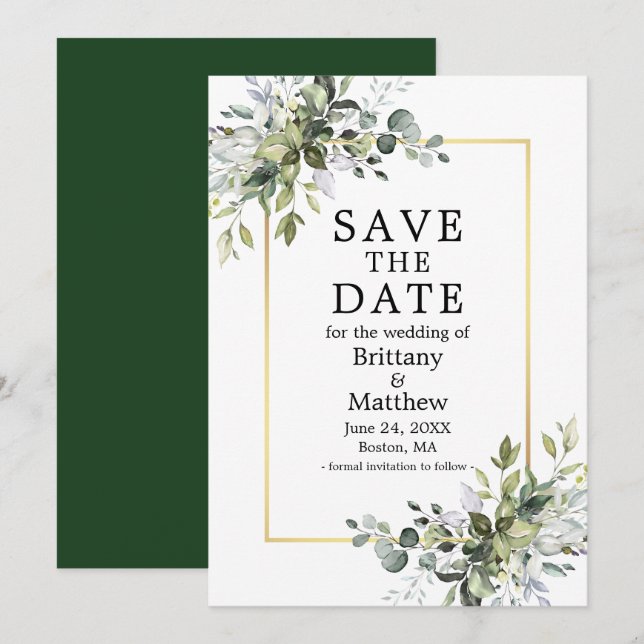 Save The Date Cadre Or Elégante Aquarelle Botanique Verdure (Devant / Derrière)