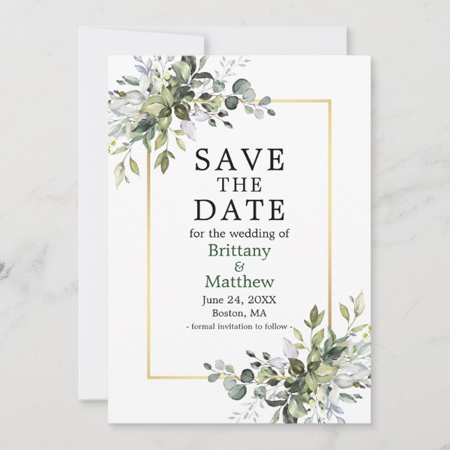 Save The Date Cadre Or Elégante Aquarelle Verdure (Devant)