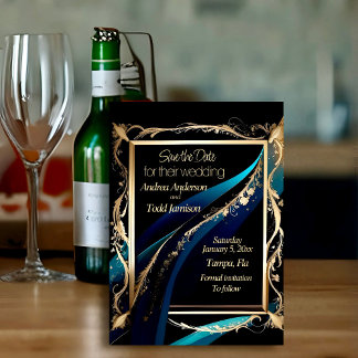 Save The Date Cadre or orné turquoise bleu noir mariage