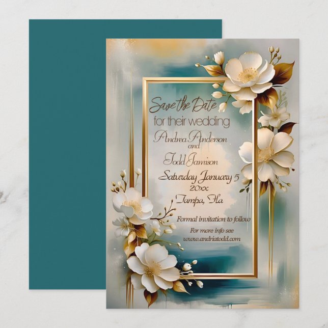 Save The Date Cadre or turquoise arrière - plan fleurs blanches  (Devant / Derrière)