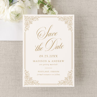 Save The Date Cadre Orné Doré Élégant Mariage Vintage