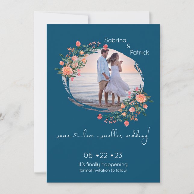 Save The Date Cadre photo Cyan foncé Floral (Devant)