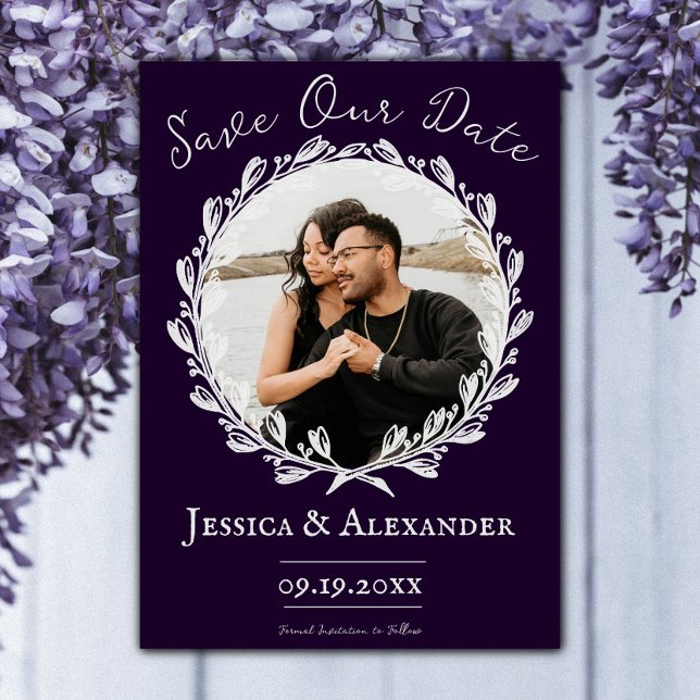 Save The Date Cadre photo élégant de couronne | Violet Enregistr (Violet Elegant Wreath Frame Photo Save the Date )