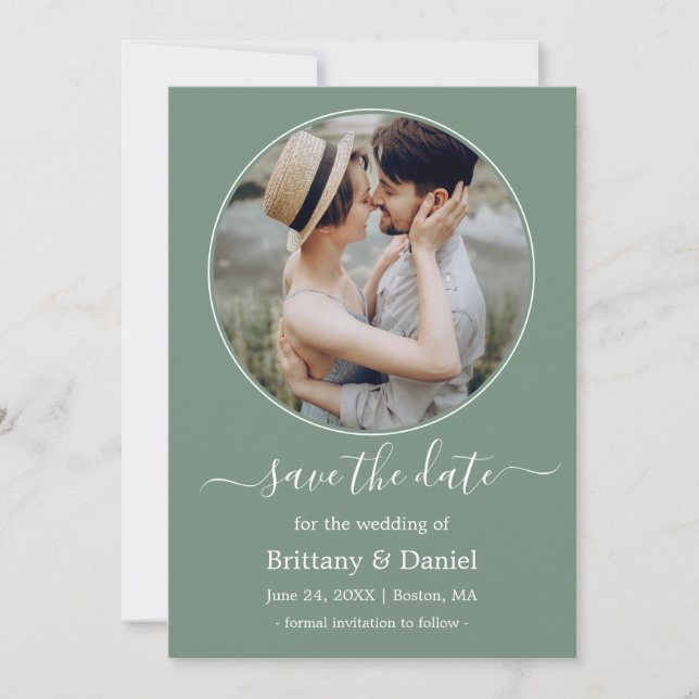 Save The Date Cadre photo ronde moderne élégant Sage Green (Devant)