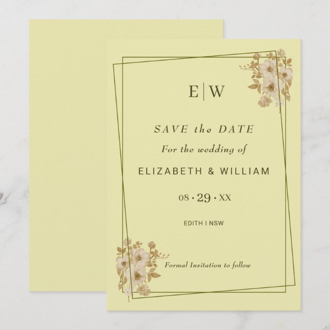 Save The Date Cadre rose - Mariage jaune céleste Monogramme (Devant / Derrière)