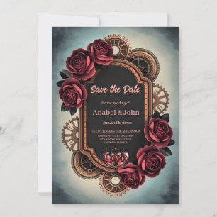Save The Date Cadre Steampunk avec Roses rouges et Engrenages