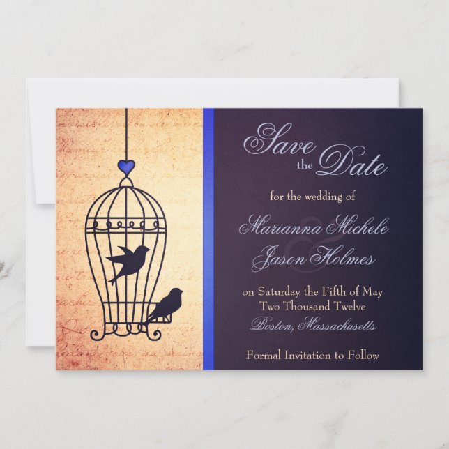 Save The Date Cage d'oiseaux fantaisie avec ruban bleu Enregistr (Devant)