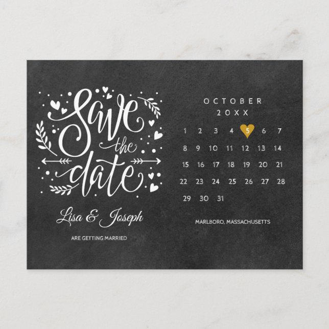 Save the Date Calendar Chalkboard Gold Heart Announcement Postcard (Front)