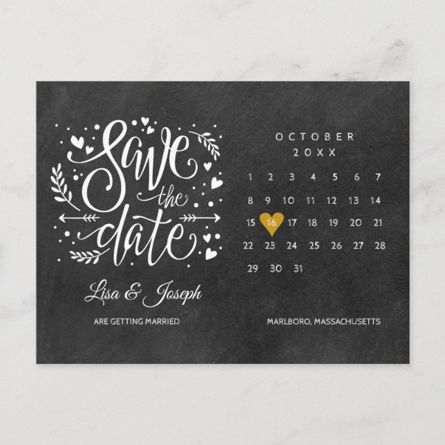 Save the Date Calendar Gold Heart Chalkboard Announcement Postcard (Front)