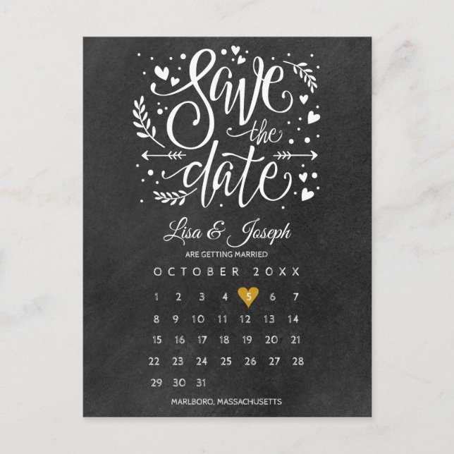 Save the Date Calendar Gold Heart Chalkboard Postcard (Front)