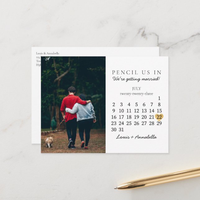 Save the Date Calendar Gold Heart July 2023 Postcard (Front/Back In Situ)