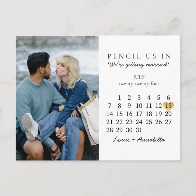 Save the Date Calendar Gold Heart July 2024 Card (Front)