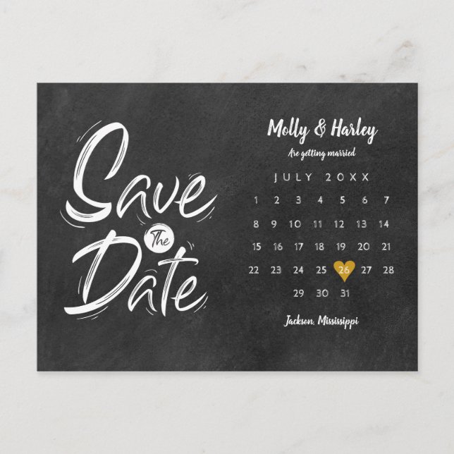 Save the Date Calendar Gold Love Heart Chalkboard Announcement Postcard (Front)