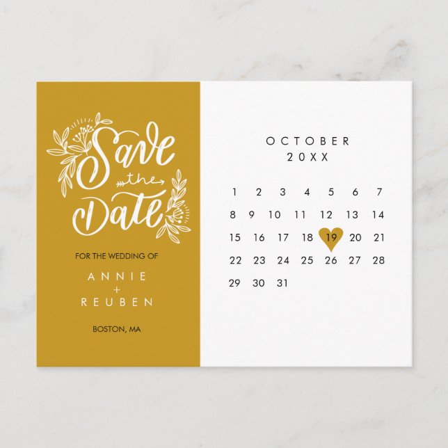 Save the Date Calendar Gold Love Heart Postcard (Front)