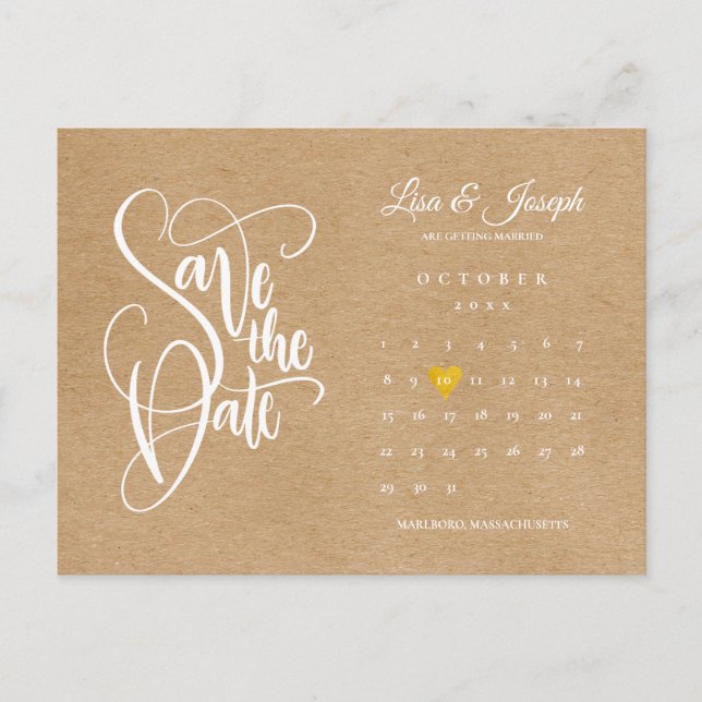 Save the Date Calendar Gold Love Heart Rustic Boho Announcement Postcard (Front)