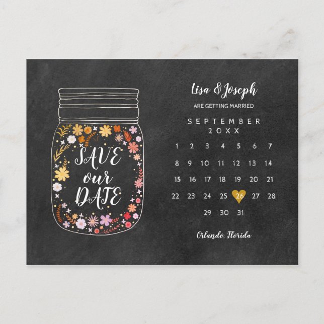 Save the Date Calendar Heart Mason Jar Chalkboard Postcard (Front)