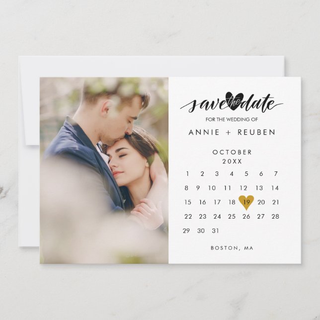 Save the Date Calendar Photo Gold Heart Wedding Invitation (Front)