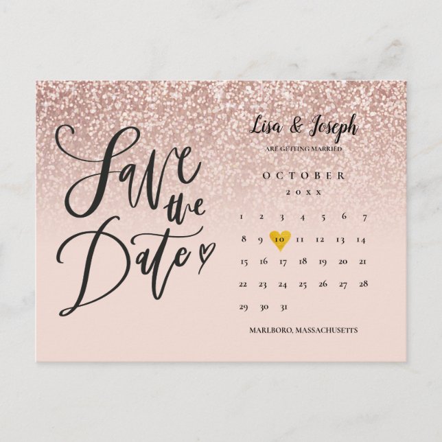 Save the Date Calendar QR Code Rose Gold Glitter Announcement Postcard (Front)