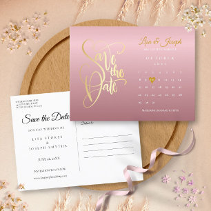 Save the Date Calendar Rose Gold Chic Love Heart Announcement Postcard