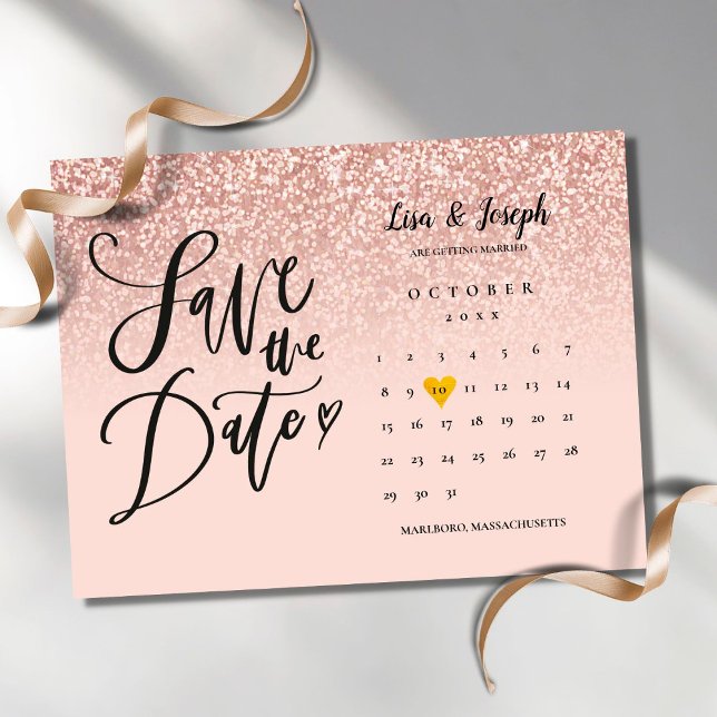 Save the Date Calendar Rose Gold Glitter Ombre Announcement Postcard (Creator Uploaded)
