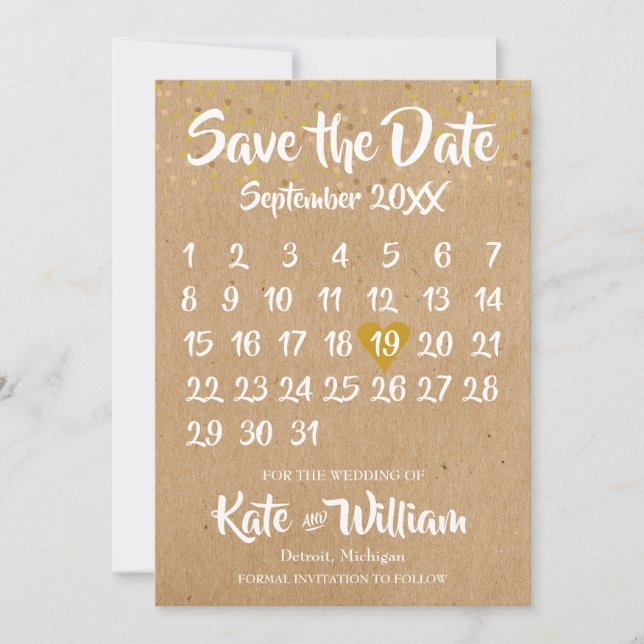 Save The Date Calendrier de cœur d'amour Kraft rustique, Sauvega (Devant)