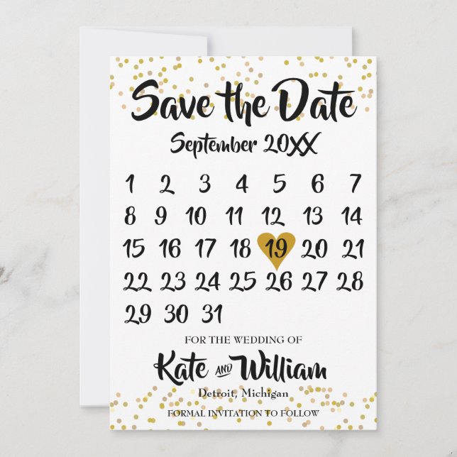 Save The Date Calendrier de confettis en poussière d'or Photo En (Devant)