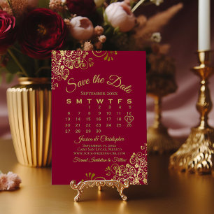 Save The Date Calendrier de mariage élégant bordeaux et or orné