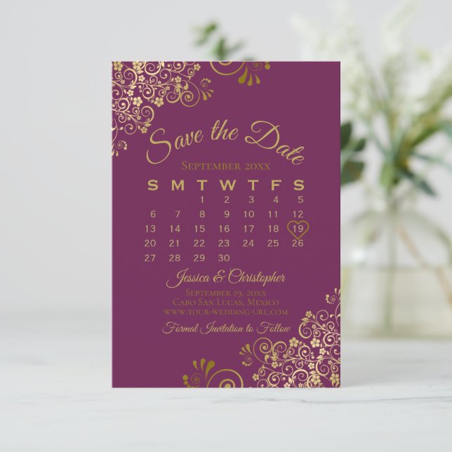 Save The Date Calendrier de mariage élégant violet Magenta Boucl (Debout devant)