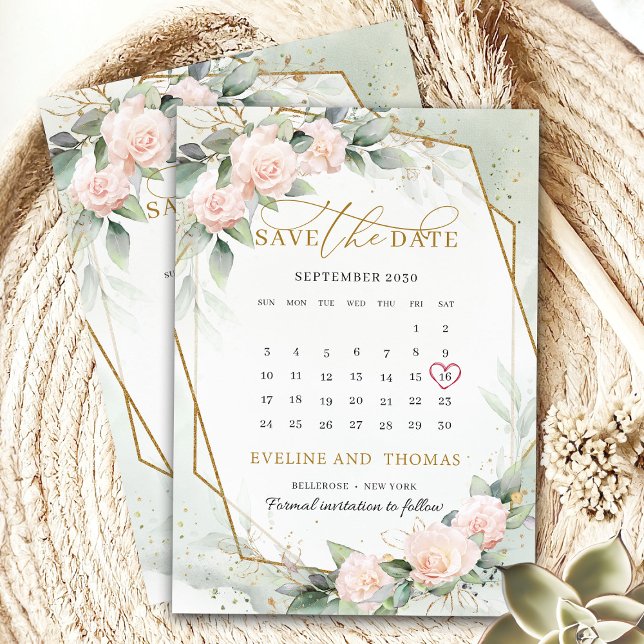 Save The Date Calendrier des eucalyptus à cadre doré boho tendan (Trendy calligraphy script blush and gold save the date card)