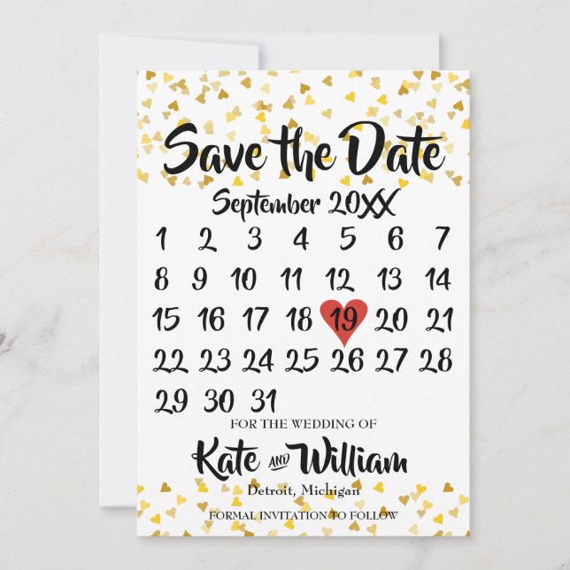 Save The Date Calendrier Enregistrer la date Golden Love Hearts  (Devant)