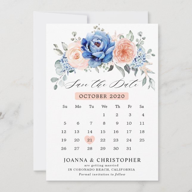 Save The Date Calendrier Épouser Date Navy Blue Slate Dusty Blus (Devant)
