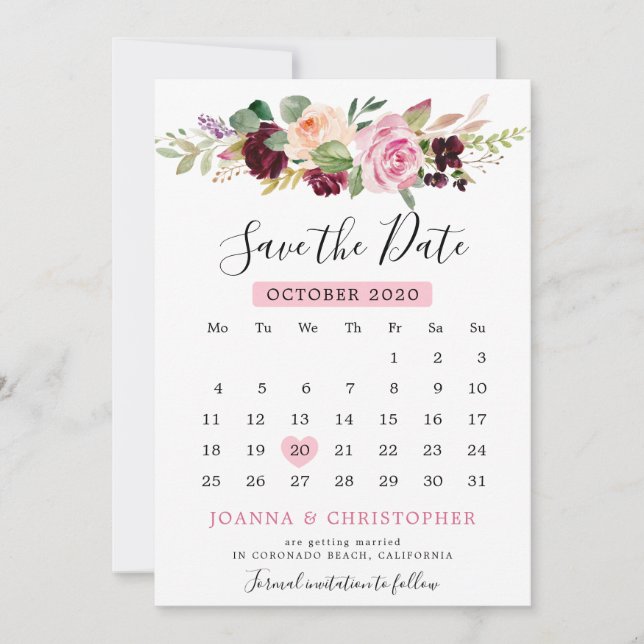 Save The Date Calendrier floral botanique rose prune pourpre blu (Devant)