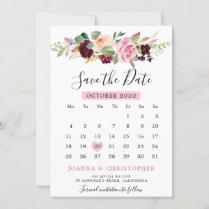 Save The Date Calendrier floral botanique rose prune pourpre blu