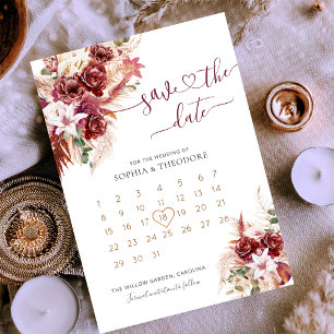 Save The Date Calendrier floral Bourgogne & Blush