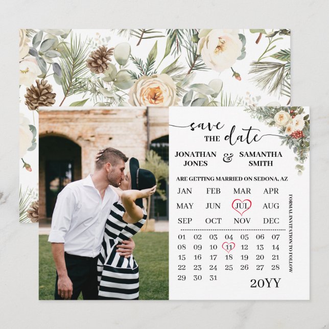 Save The Date Calendrier floral hivernal avec photo (Devant / Derrière)