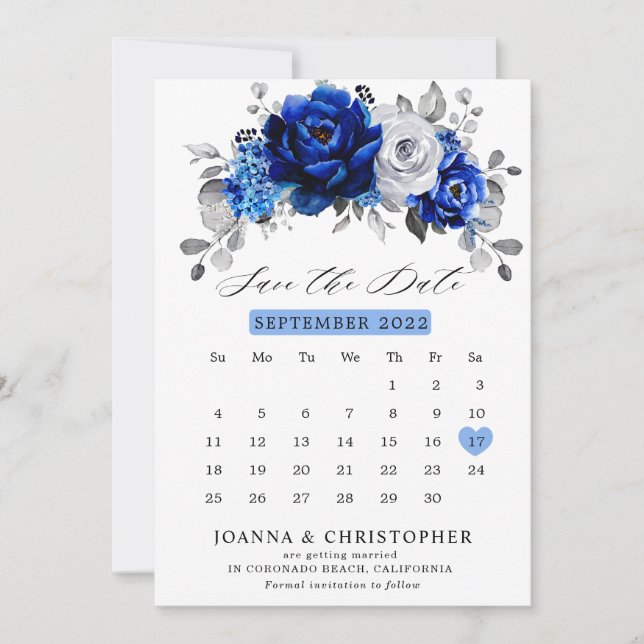Save The Date Calendrier floral métallisé bleu royal blanc argen (Devant)