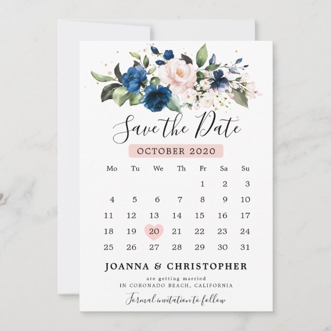 Save The Date Calendrier floral Rose Fuschée Bleu Marine (Devant)
