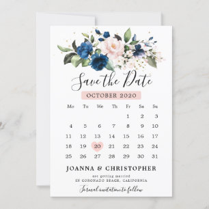 Save The Date Calendrier floral Rose Fuschia Bleu Marine