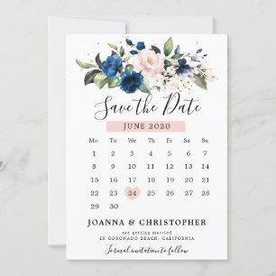 Save The Date Calendrier floral Rose Fushia Bleu Marine