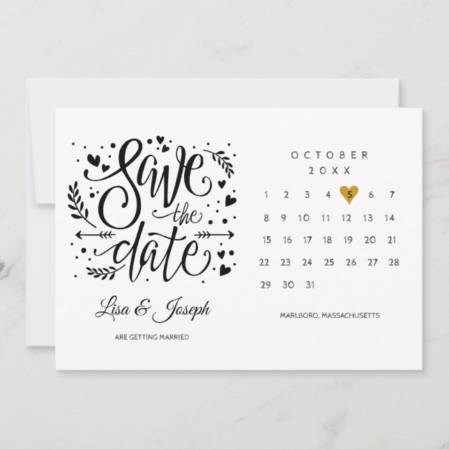 Save The Date Calendrier Gold Heart noir et blanc (Devant)