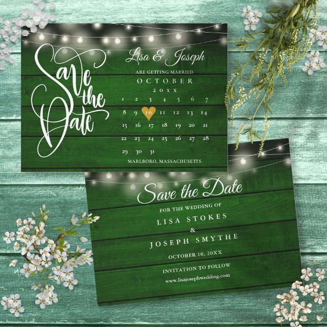 Save The Date Calendrier Gold Heart Rustic Emerald Mariage (Calendar Gold Heart Rustic Emerald Wood Wedding Save The Date)