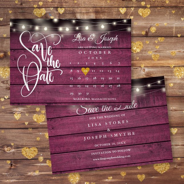Save The Date Calendrier Gold Heart Rustique Bourgogne Mariage b (Calendar Gold Heart Rustic Burgundy Wood Wedding Save The Date)